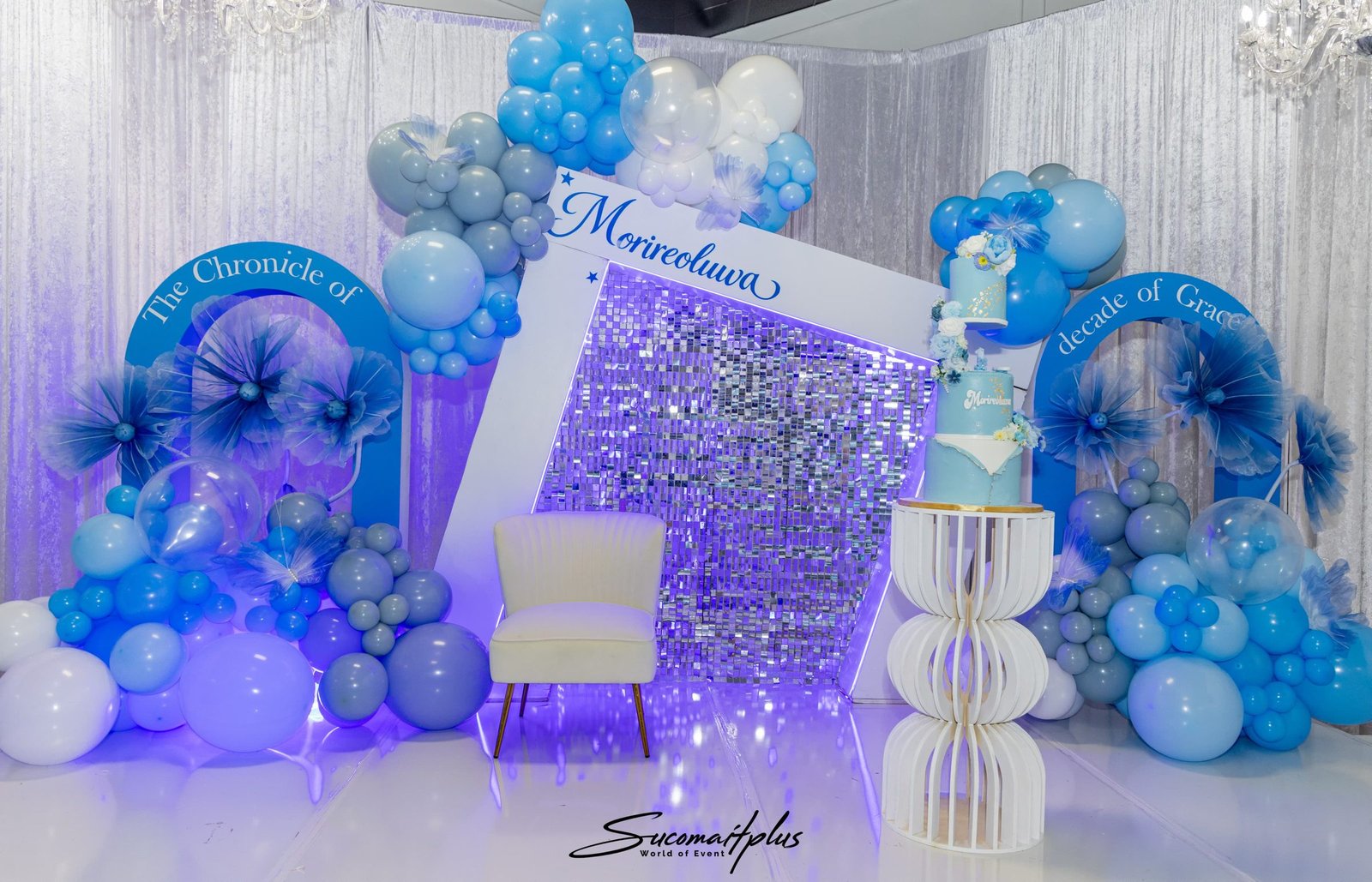 Blue and white balloon installation dressed for a celebration at The Hendrix in Stafford, Houston