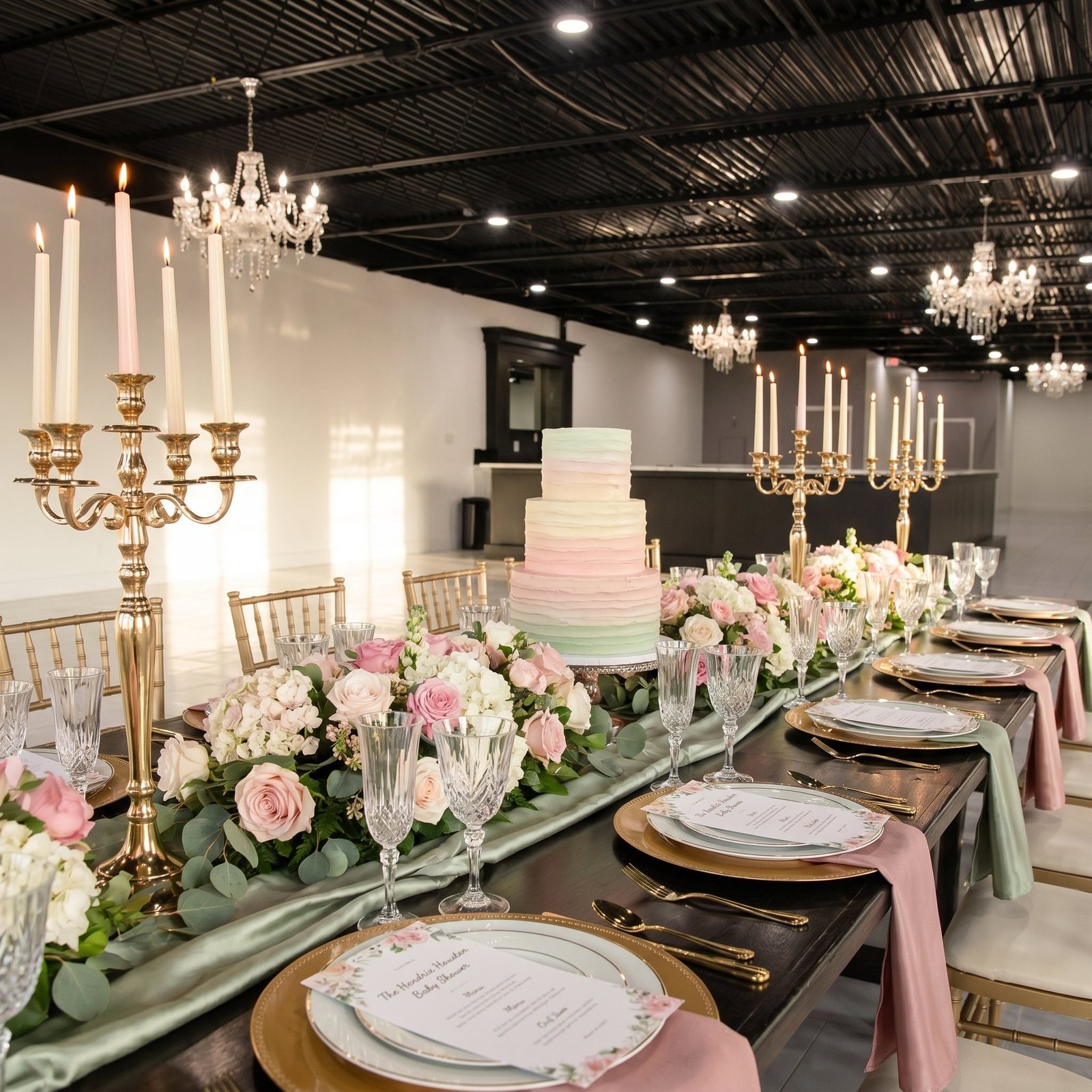 Banquet table dressed with gold candelabras, blush and sage florals and a tiered cake under the chandeliers at The Hendrix in Stafford, Houston