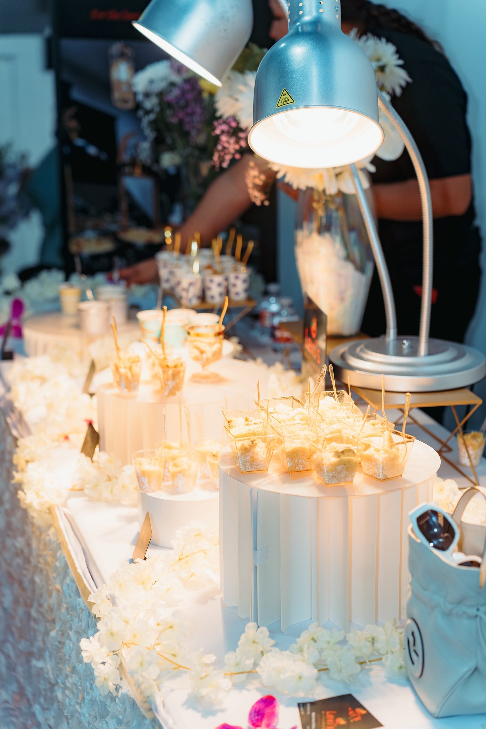 A dressed serving table at an event in The Mansion at The Hendrix, Stafford, Houston