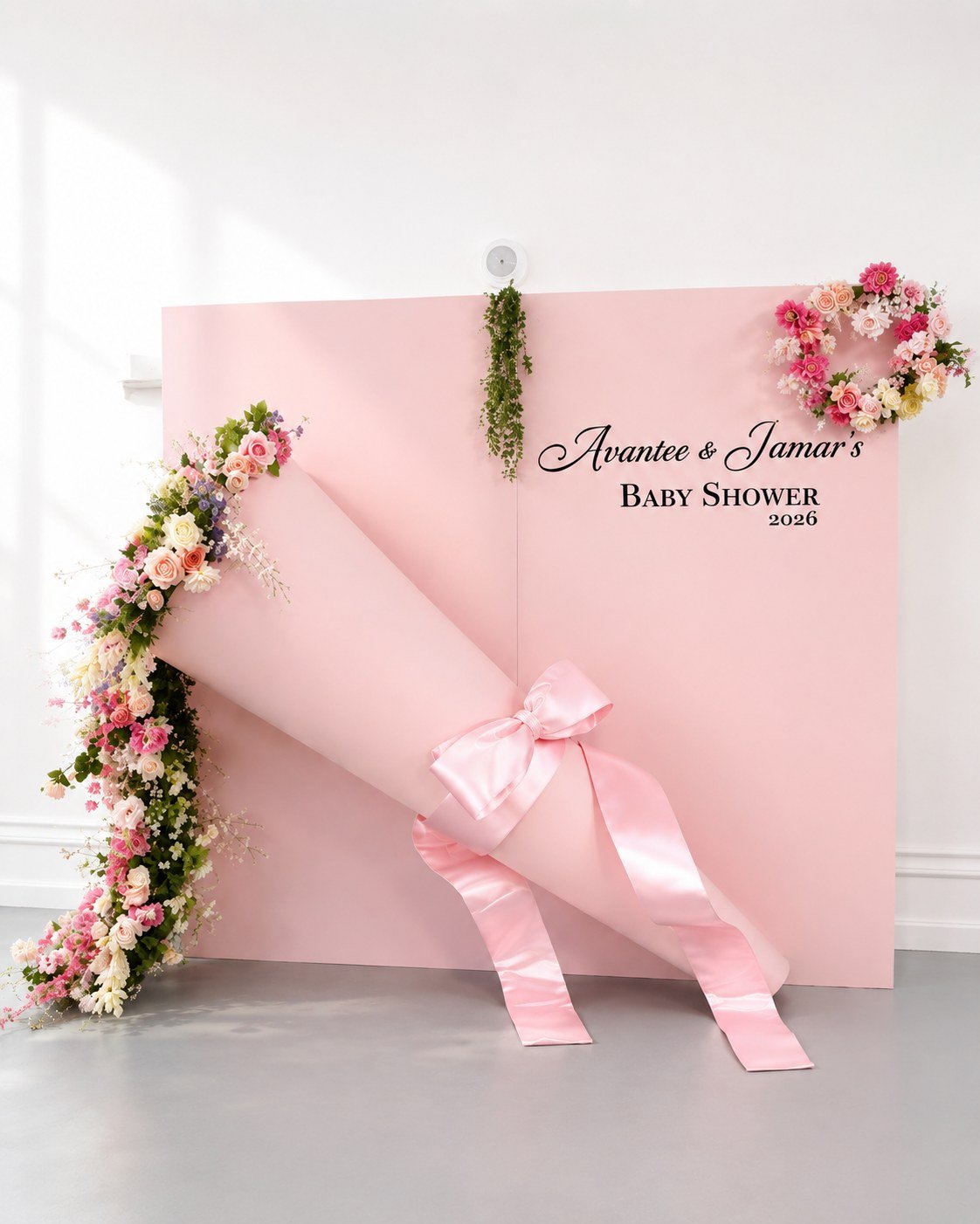 A backdrop with a ribbon bow and florals at a shower at The Hendrix, Stafford