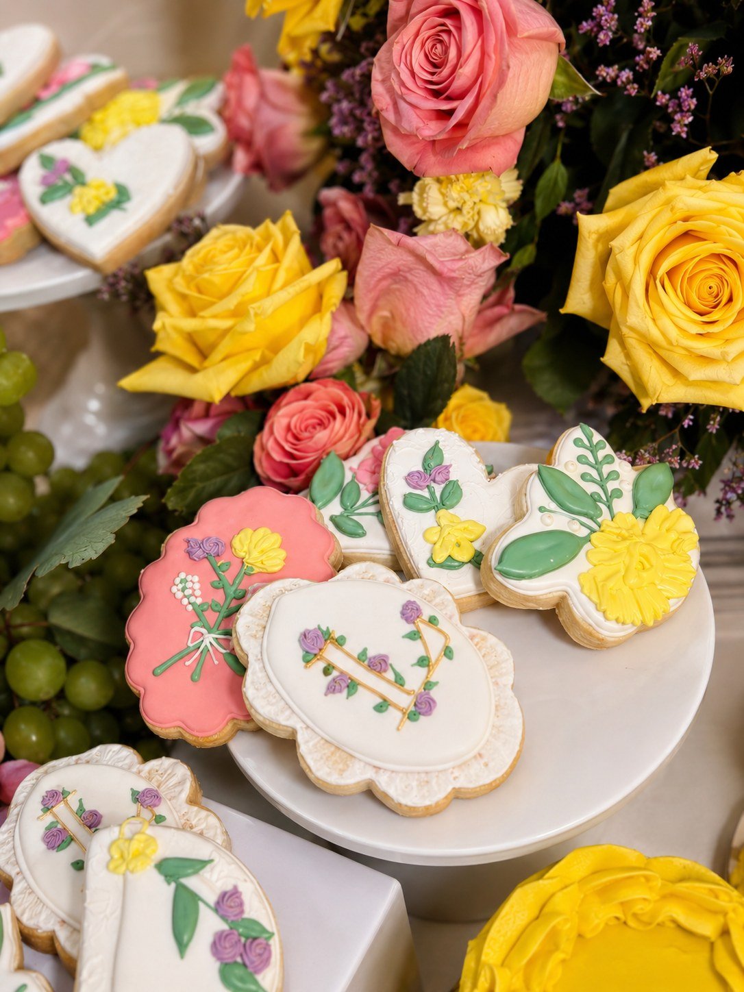 Decorated cookies and roses on a dessert table at a shower at The Hendrix, Stafford