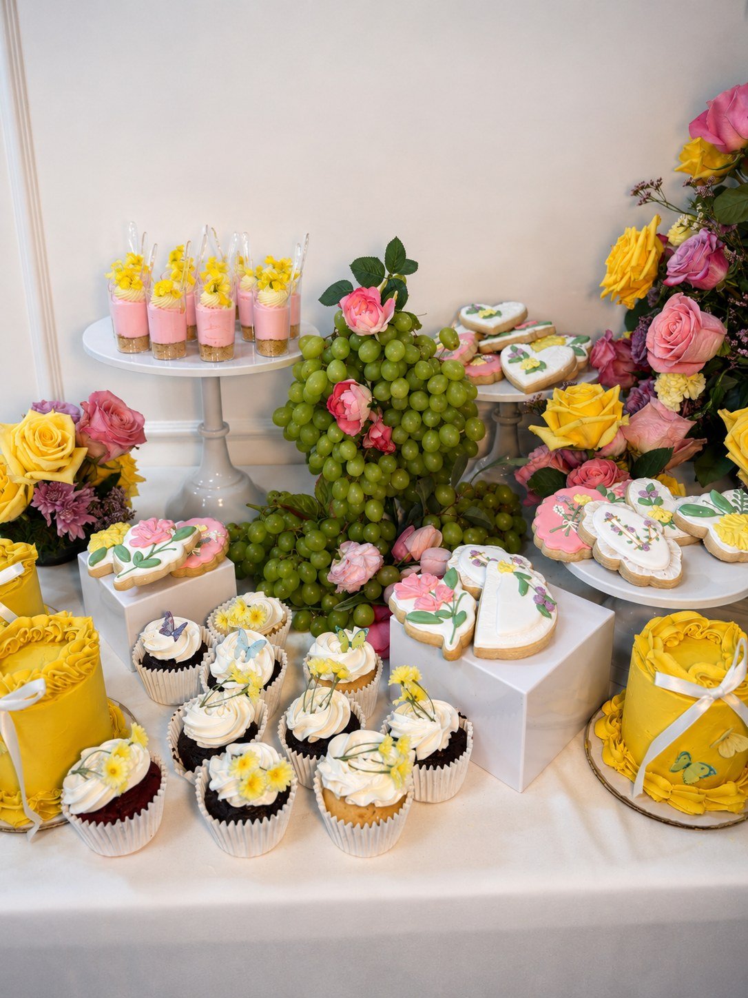 A dessert display of cupcakes, cookies and florals at a shower at The Hendrix, Stafford