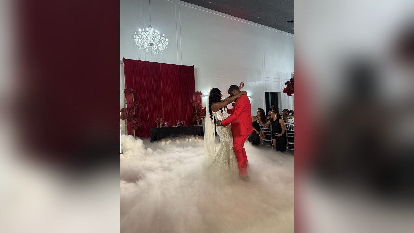 Newlyweds sharing their first dance on a cloud of dry ice at The Hendrix in Stafford, Houston