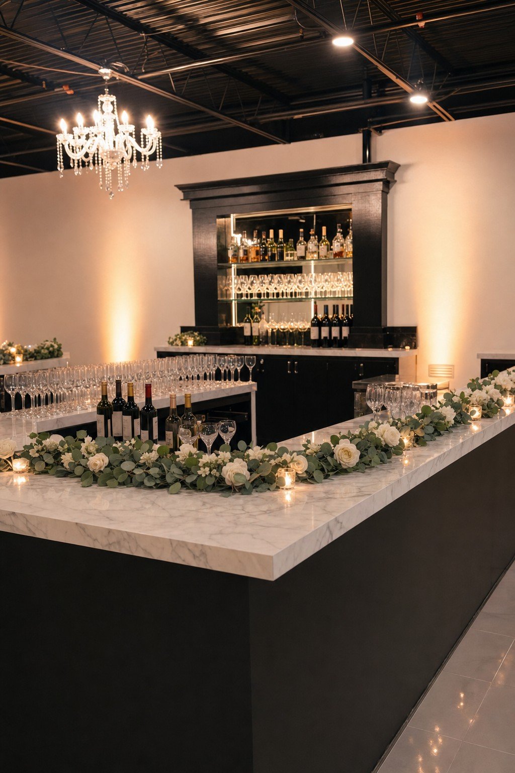 The Dome's marble bar dressed with glassware and florals at The Hendrix, Stafford