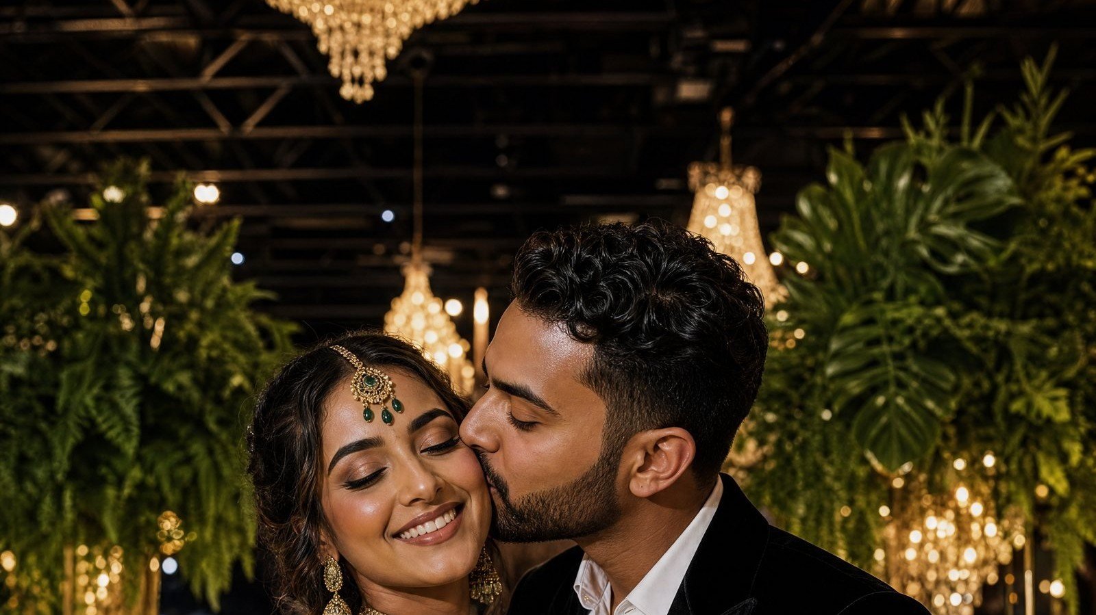 A couple at an Indian wedding celebration under the chandeliers at The Hendrix, Stafford, Houston