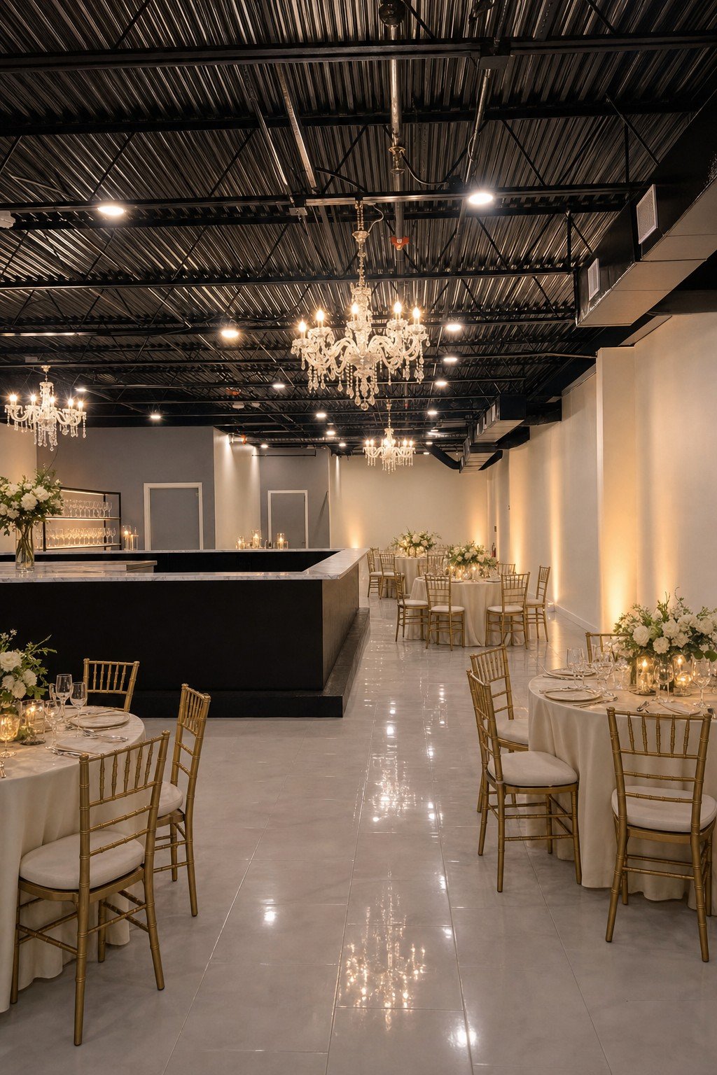 The Dome at The Hendrix dressed with round tables and gold chairs, Stafford, Texas