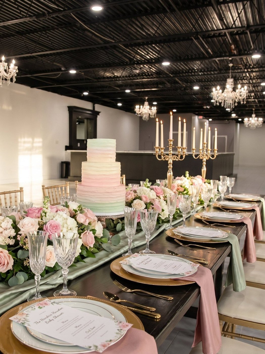 Decorated tablescape with cake, candelabras and florals set in The Dome at The Hendrix, Stafford, Houston
