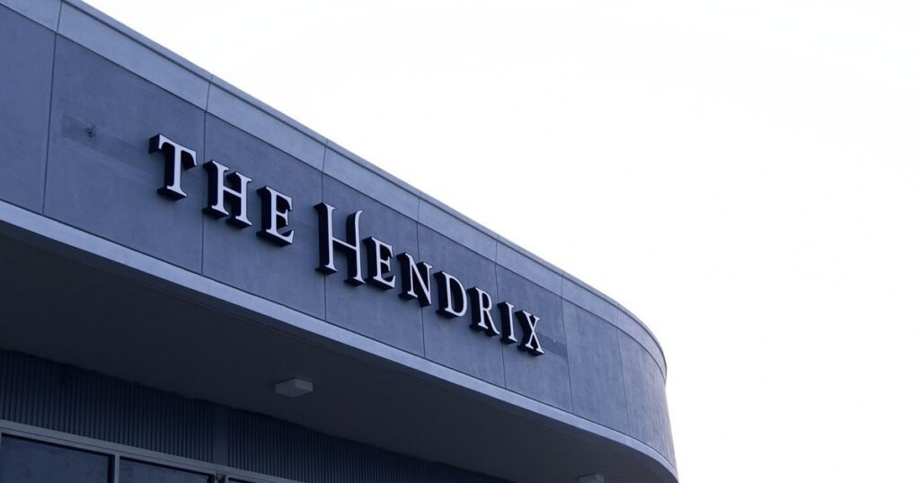 The Hendrix lettering on the curved fascia of the event venue building in Stafford, Houston