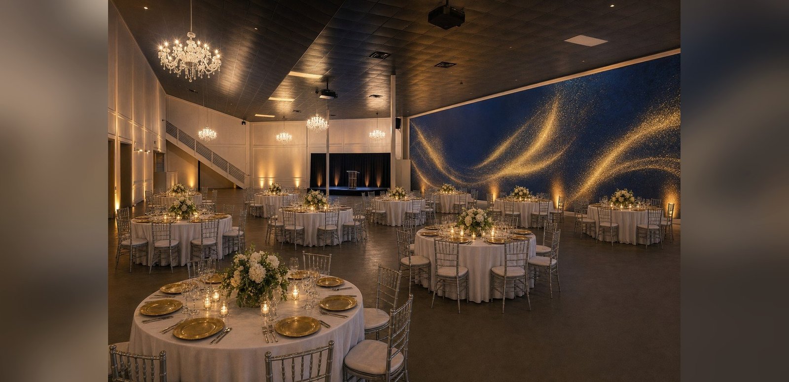 The Mansion at The Hendrix set with round banquet tables and a stage for a formal dinner, Stafford, Houston