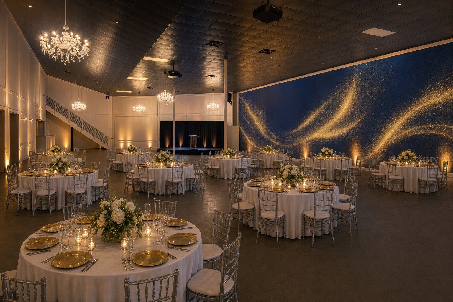 The Mansion at The Hendrix set with round banquet tables, gold chargers and a stage for an awards dinner, lit warm against the video wall