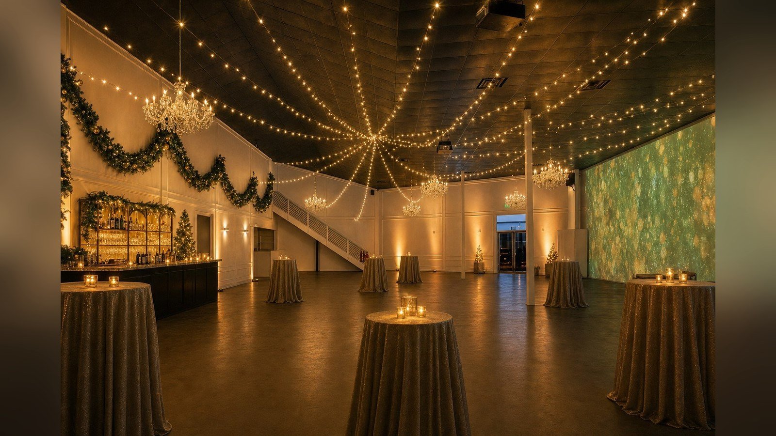 The Mansion at The Hendrix dressed with garlands, fairy lights and cocktail tables for a company holiday party, Stafford, Houston
