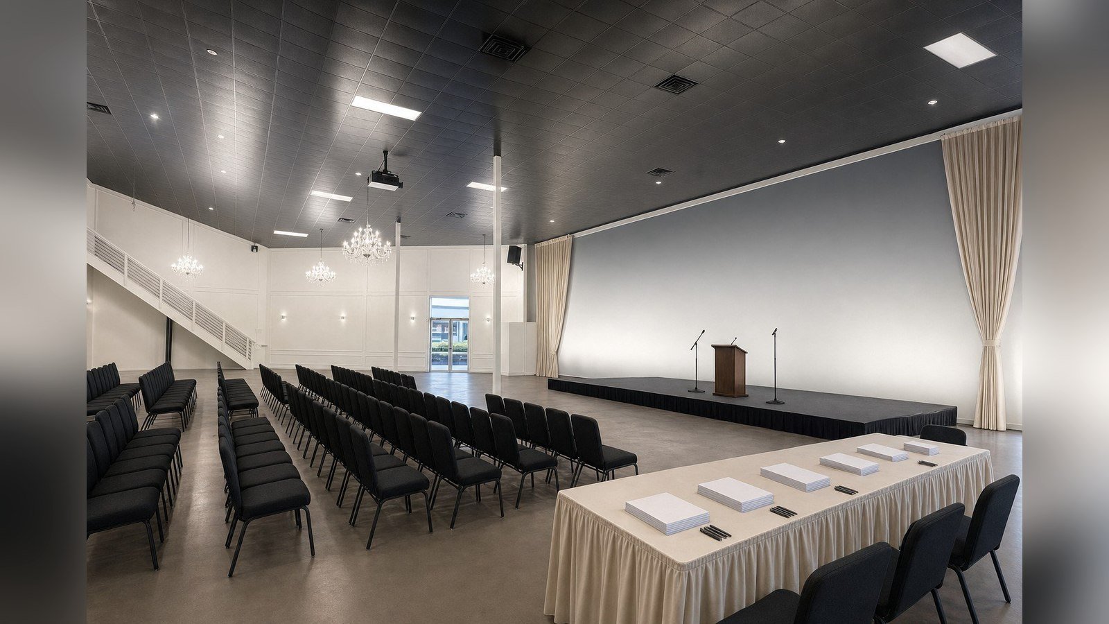The Mansion at The Hendrix set theatre-style with a lectern and platform for a public meeting, Stafford