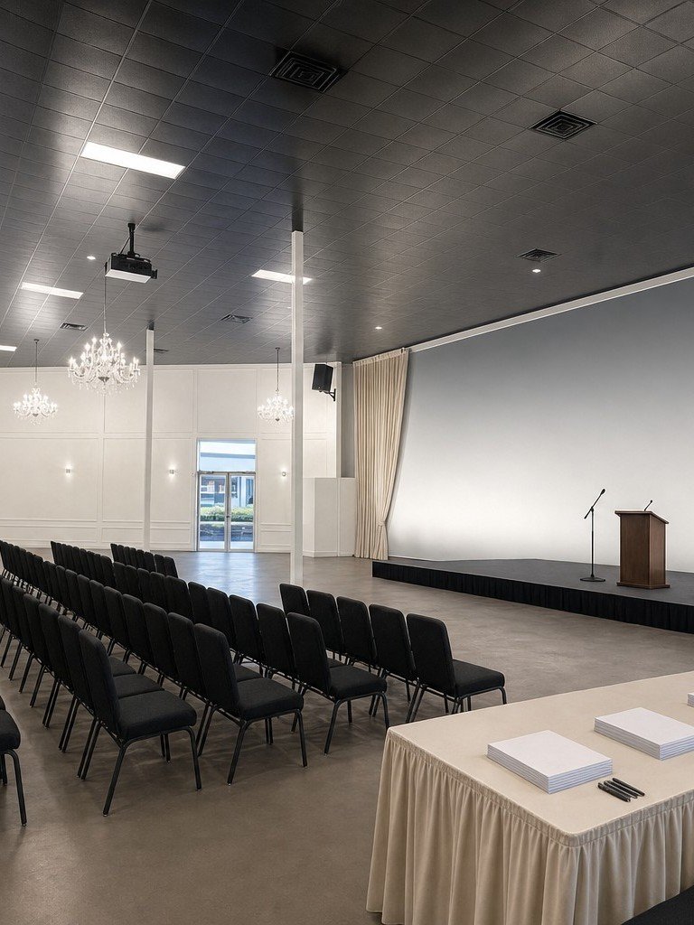 The Mansion at The Hendrix set theatre-style with a lectern for a public meeting, Stafford