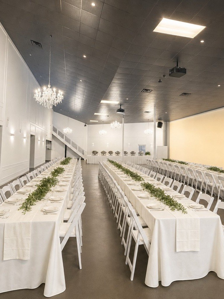 The Mansion at The Hendrix set with long banquet tables for a community gathering, Stafford