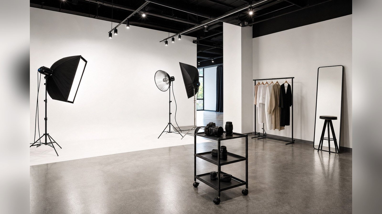 Design concept for the photography studio at The Hendrix: a seamless white backdrop, softboxes on stands, an equipment cart and a wardrobe rail on a polished concrete floor
