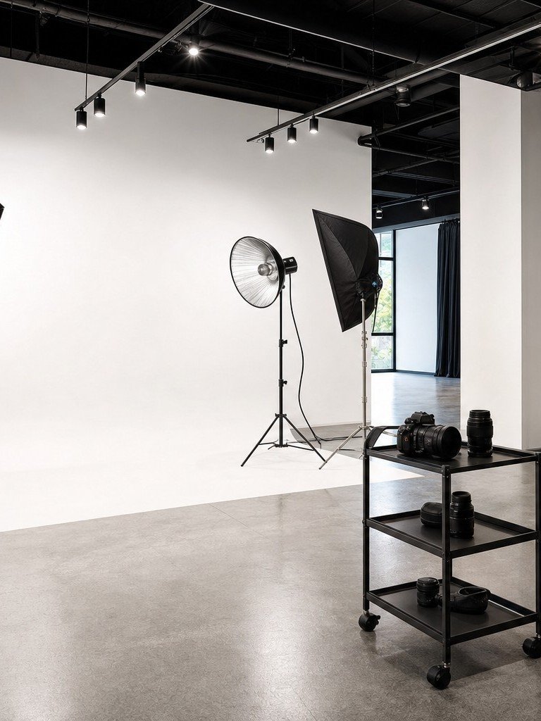 A photography studio with a seamless white backdrop and softbox lighting