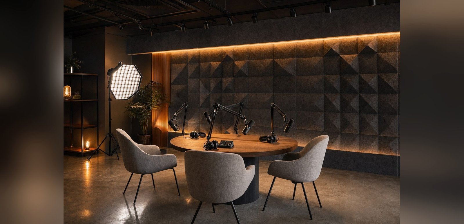 Design concept for the podcast room at The Hendrix: four broadcast microphones on boom arms around a round wooden table against an acoustically treated wall