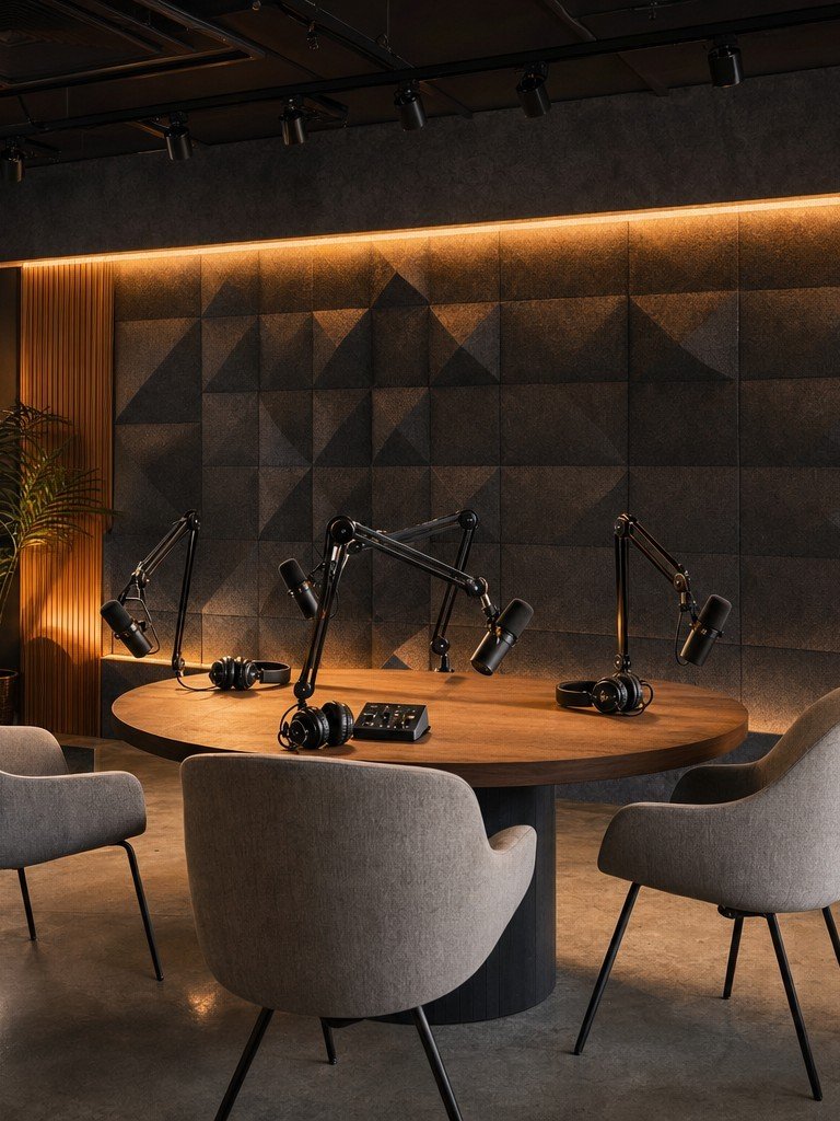A podcast studio with broadcast microphones and an acoustic panel wall