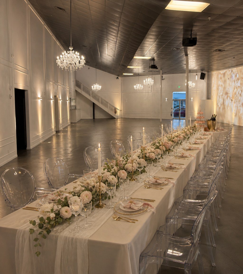 A long banquet table set for a bridal shower at The Hendrix with a garland of white and blush roses
