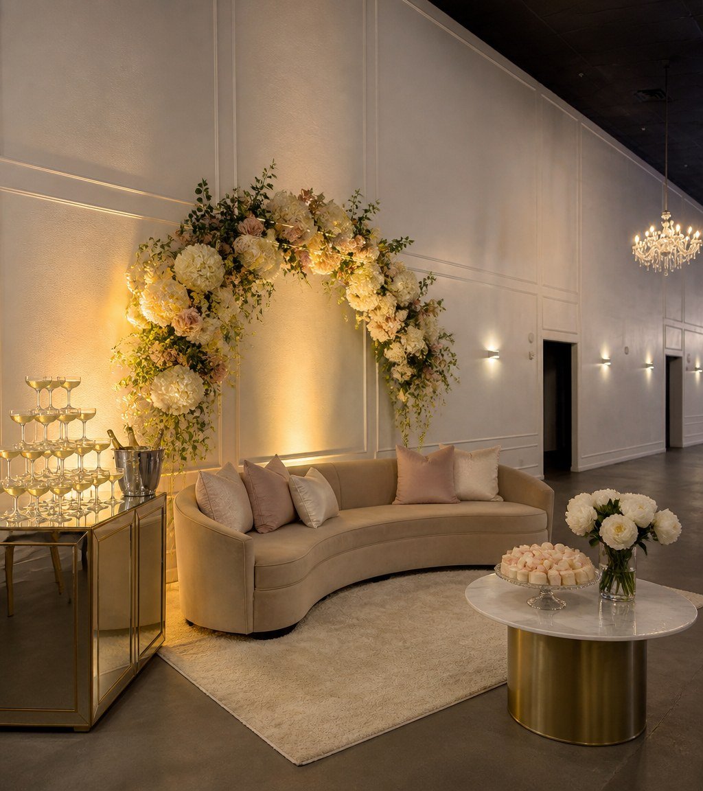 A bridal shower lounge at The Hendrix with a floral arch, velvet sofa and champagne tower