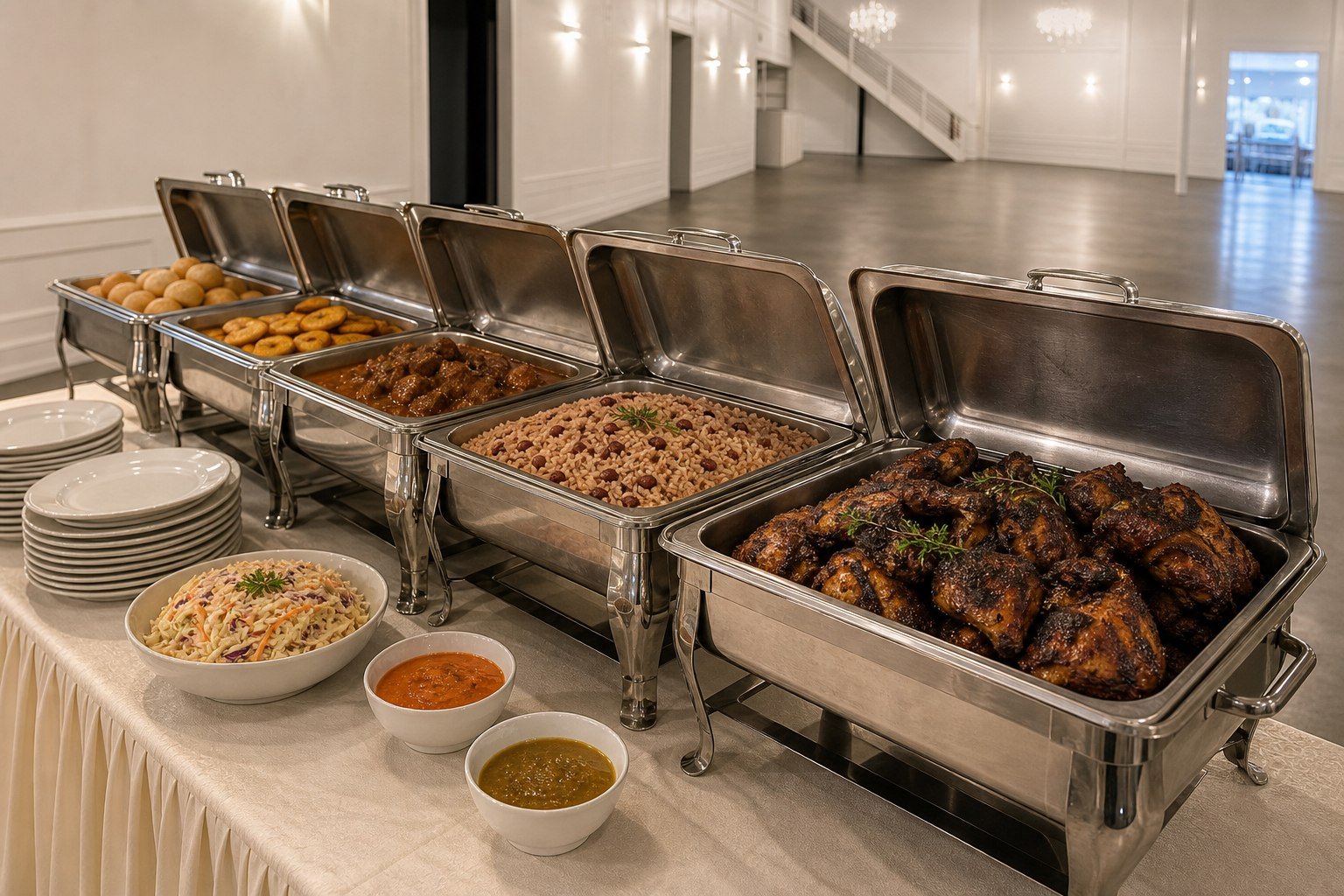 A Caribbean buffet of jerk chicken, rice and peas, curried goat and fried plantain at The Hendrix