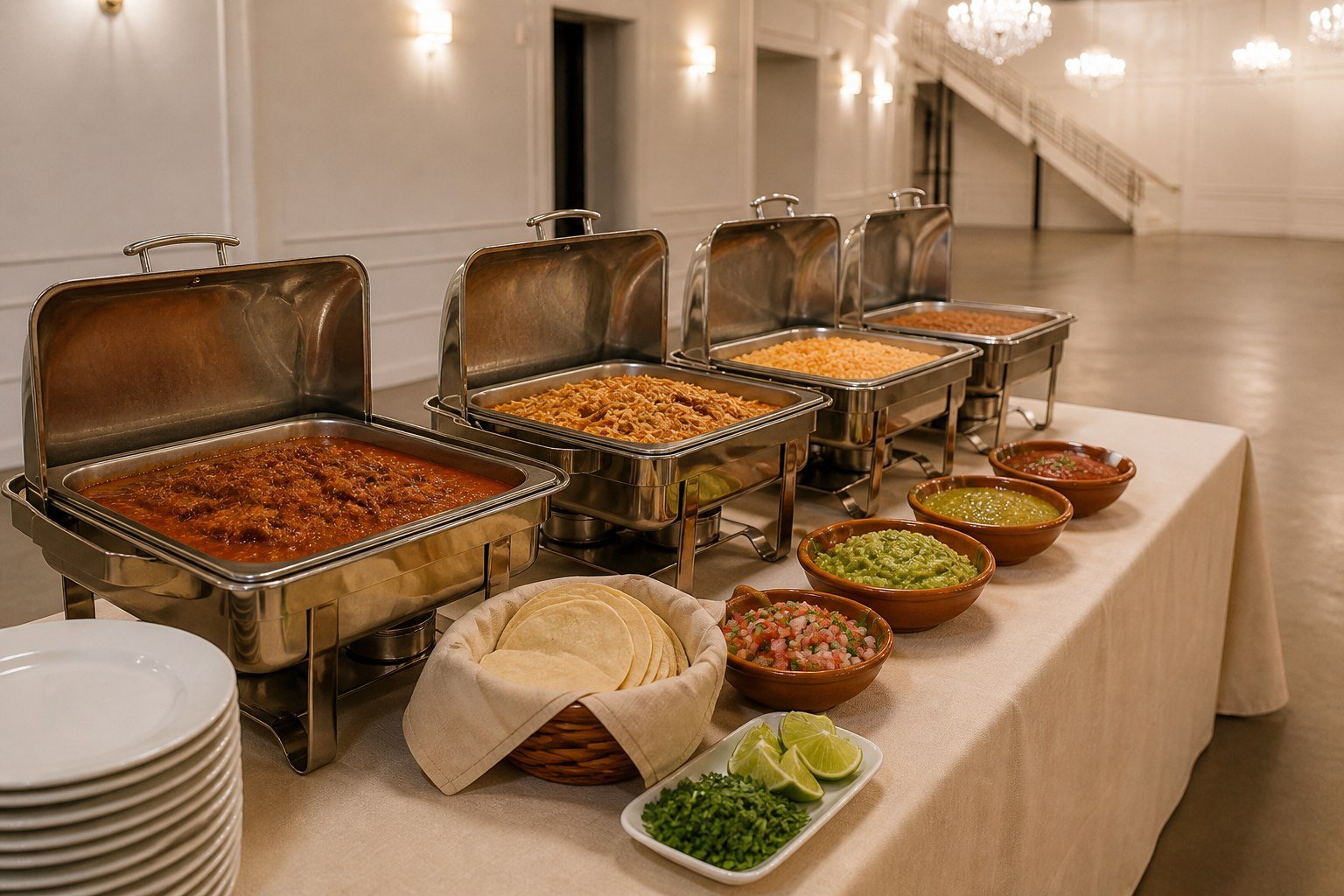 A Mexican catering station with barbacoa, tinga, tortillas and salsas at The Hendrix