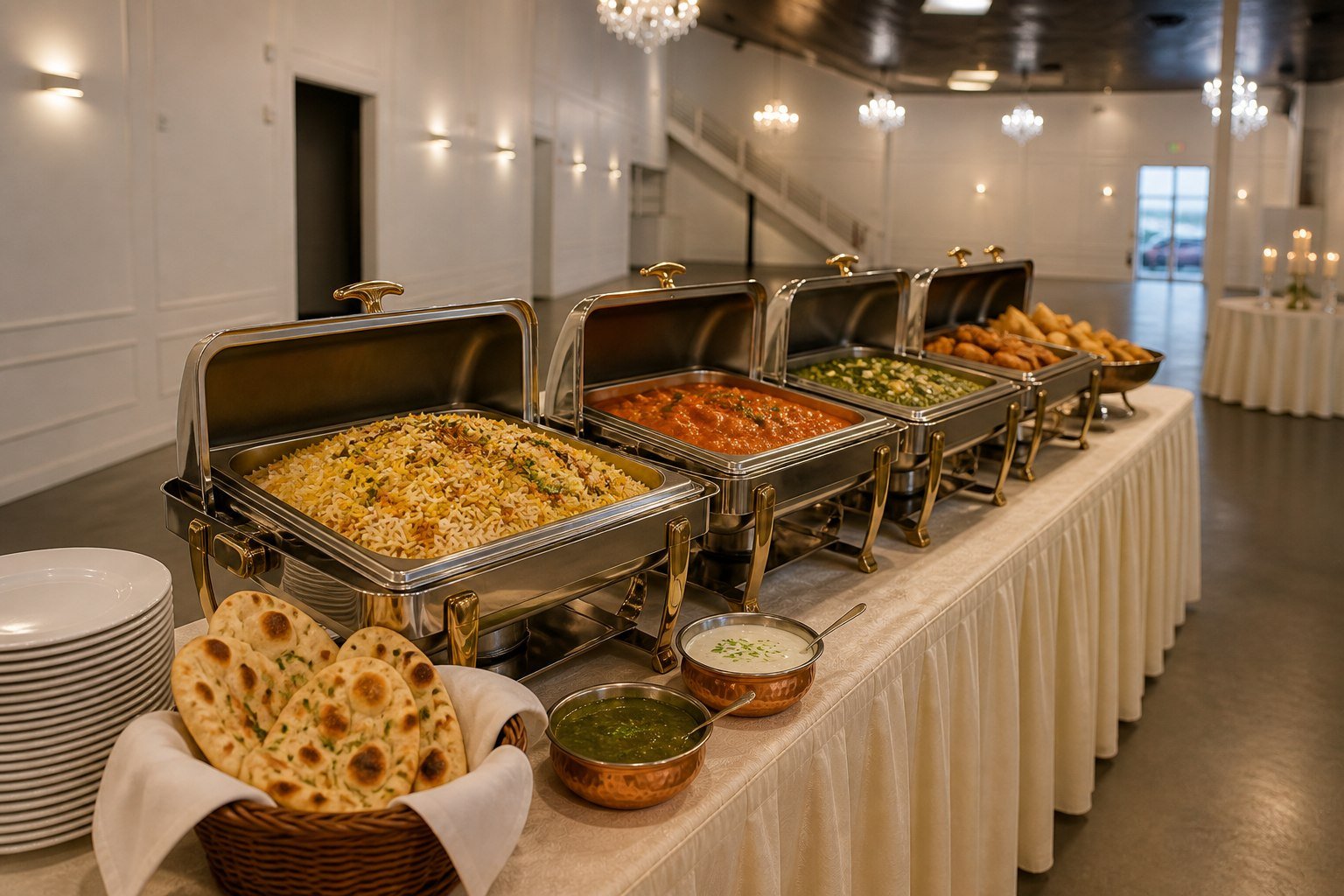 A South Asian buffet of biryani, curries, naan and samosas set in The Mansion at The Hendrix