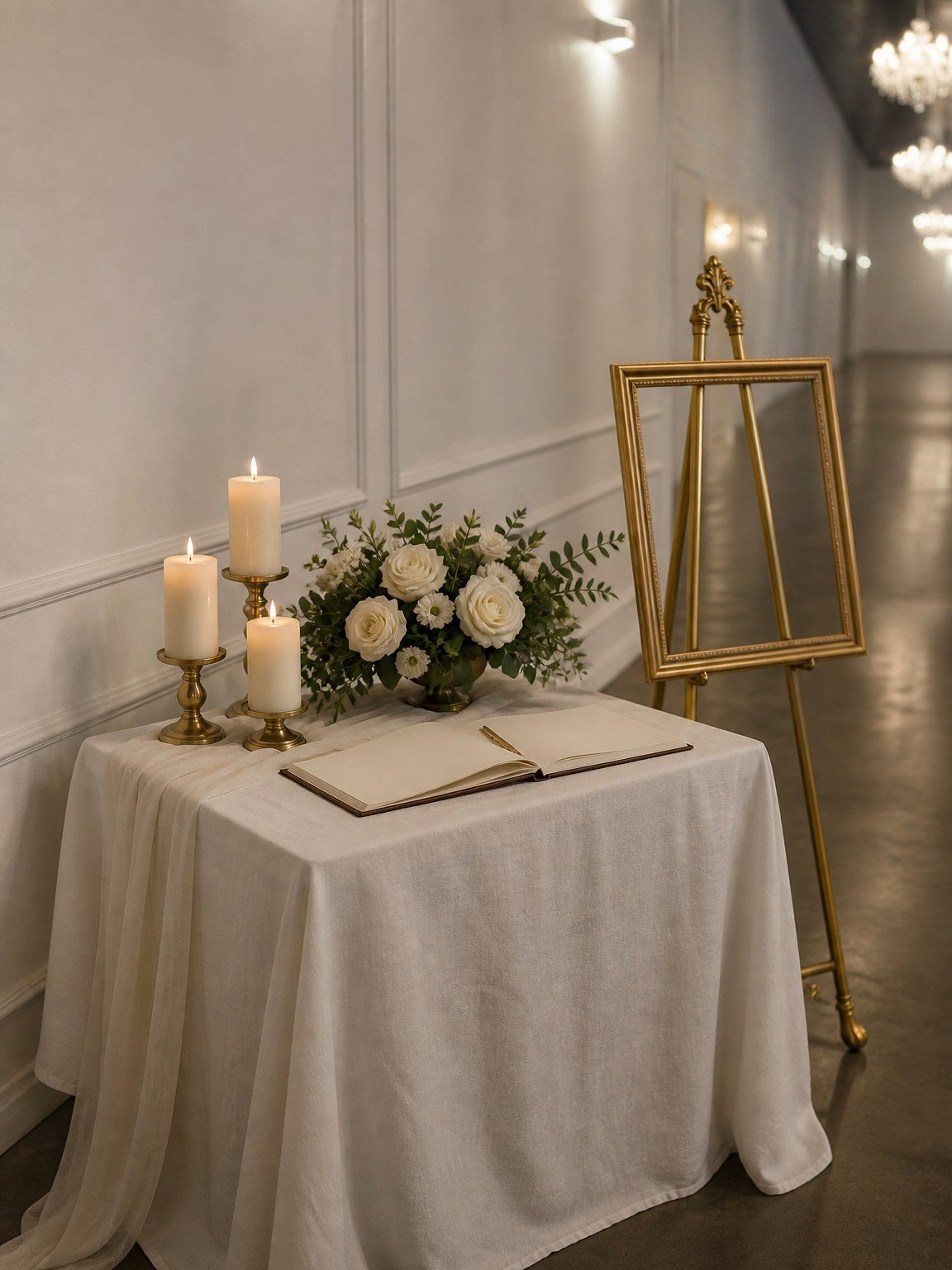 A condolence table at The Hendrix with an open guest book, brass candles and white roses