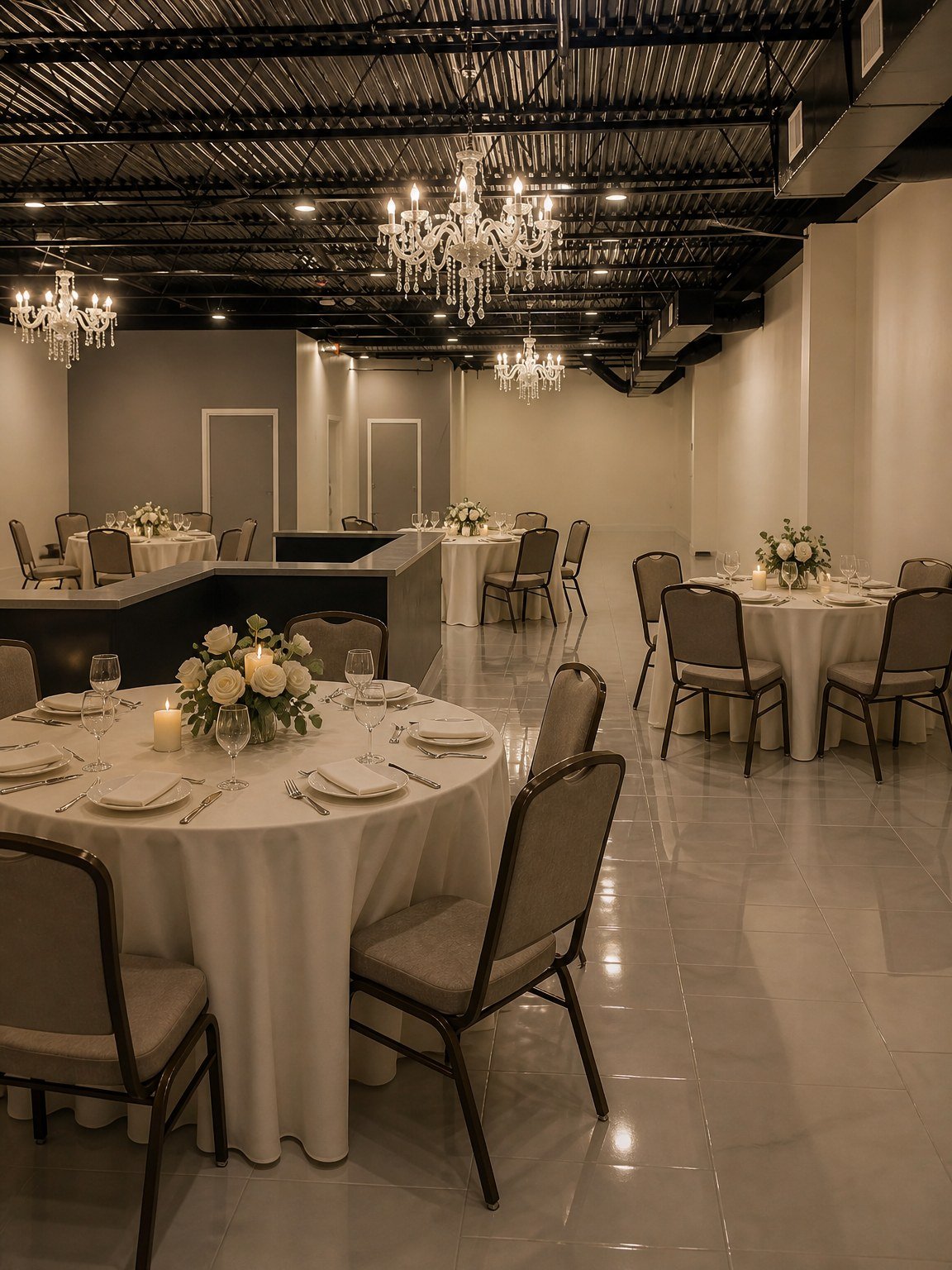 The Dome at The Hendrix set with ivory linens and white roses for a small family repast