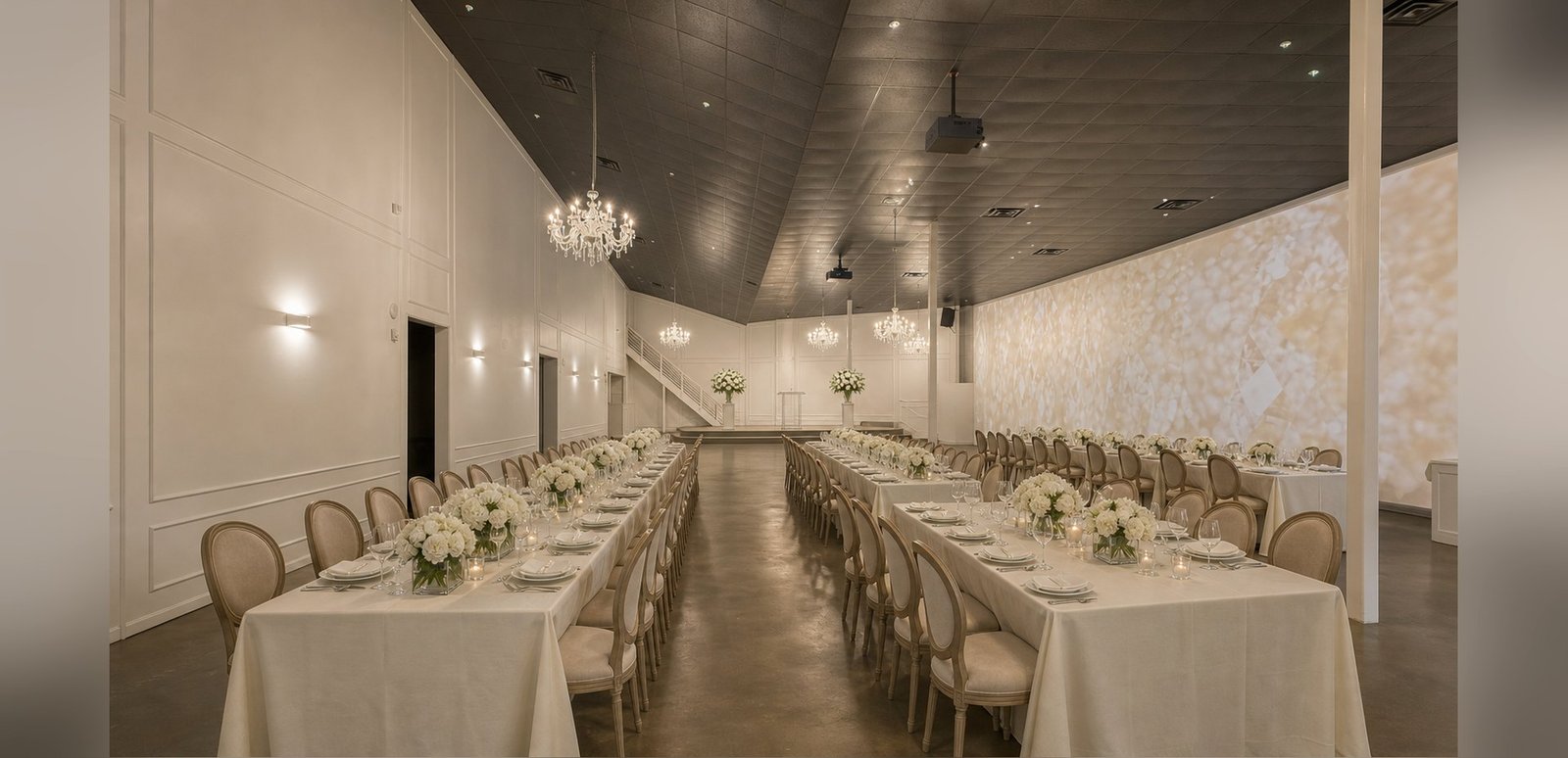The Mansion at The Hendrix set for a memorial service and repast with ivory linens and white lilies