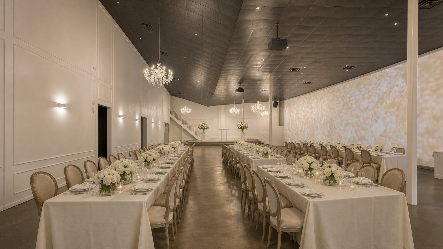 The Mansion at The Hendrix set for a memorial service and repast with ivory linens and white lilies
