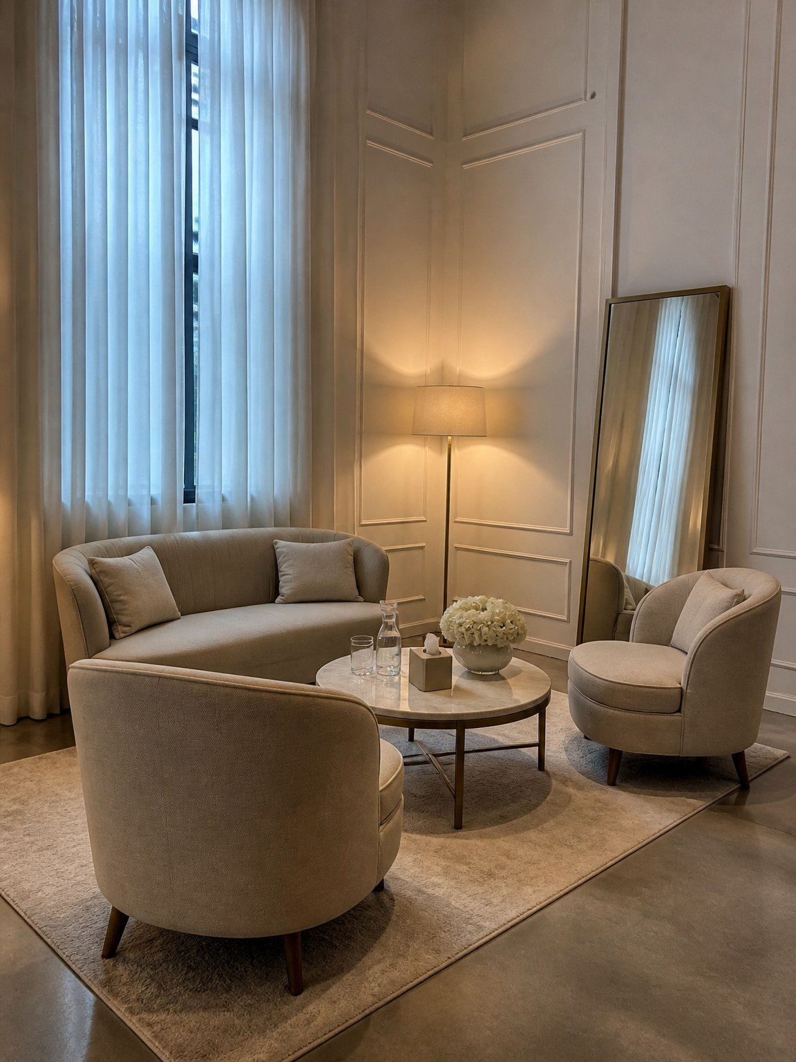 A private retiring room at The Hendrix with soft armchairs, a floor lamp and white flowers