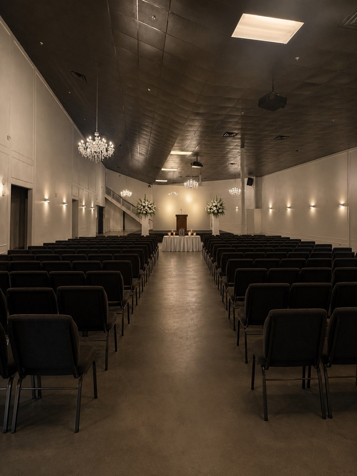 The Mansion at The Hendrix set for a memorial service with rows of seating and white lilies
