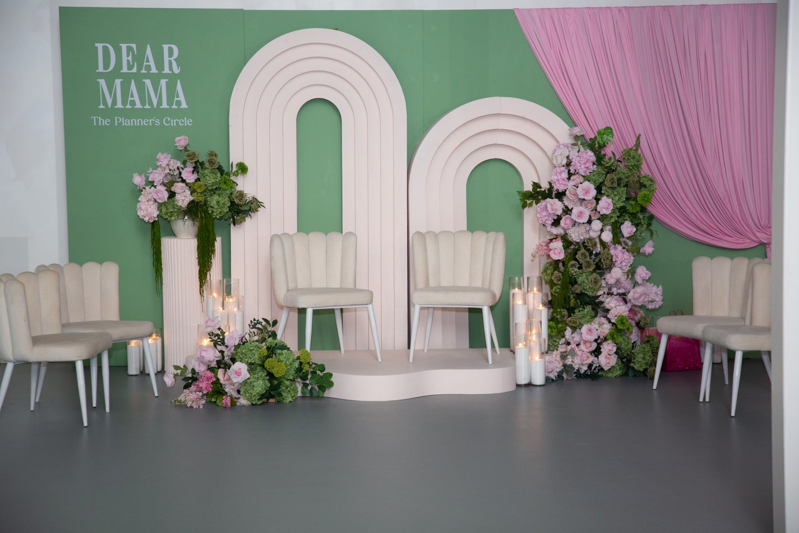 The Dear Mama arch backdrop and florals set in The Mansion at The Hendrix before guests arrive