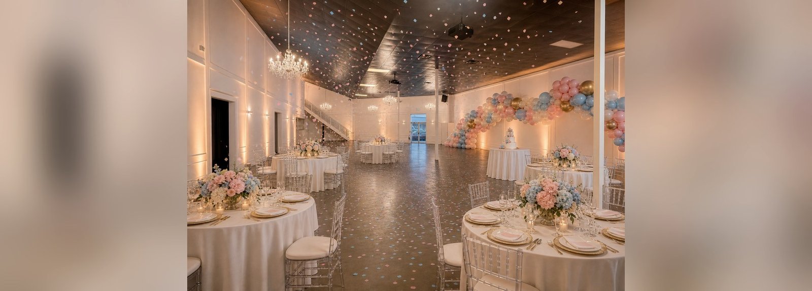 The Mansion at The Hendrix dressed for a gender reveal with a pink and blue balloon garland and confetti