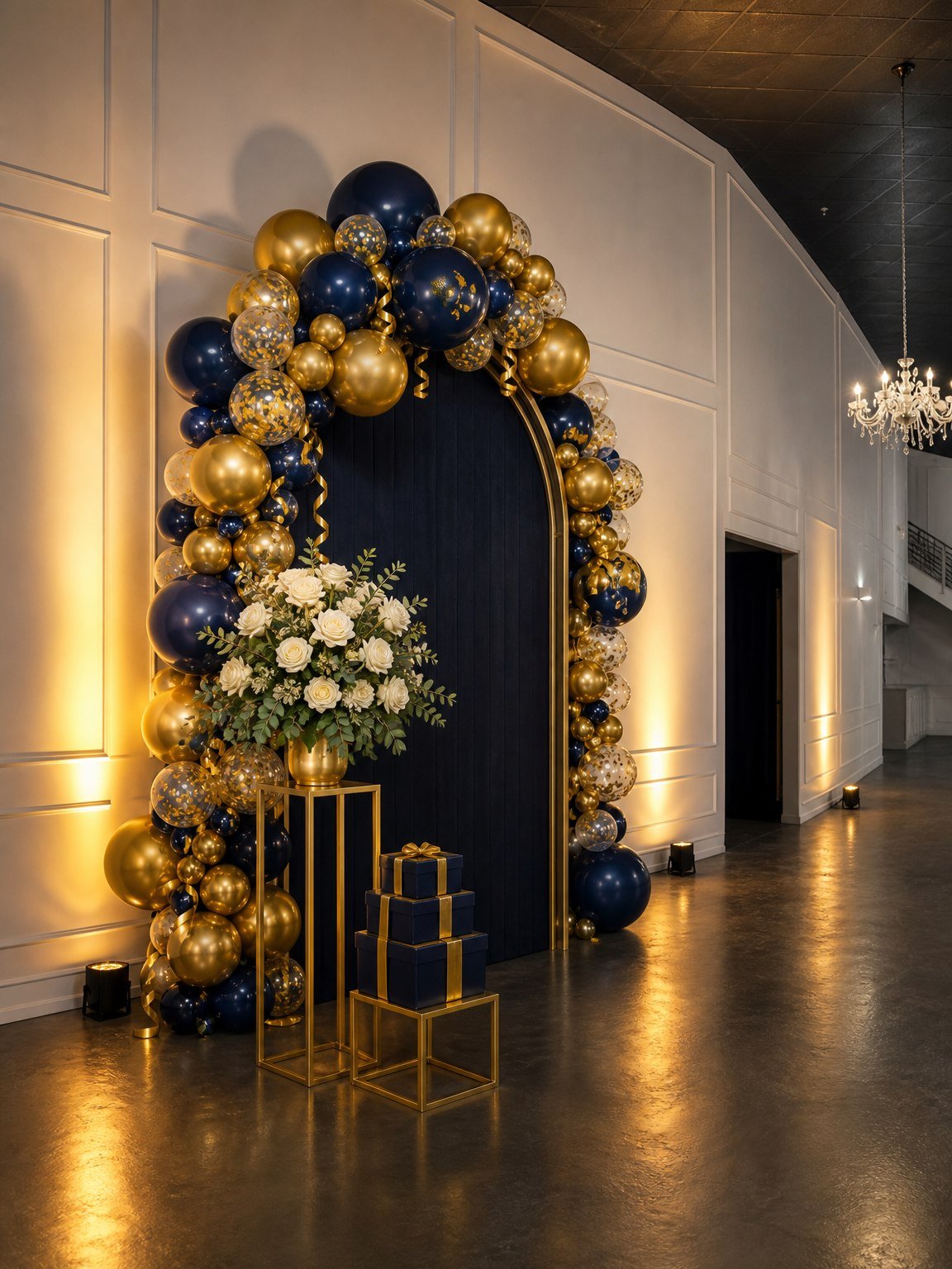 A navy and gold balloon arch photo corner set for a graduation at The Hendrix