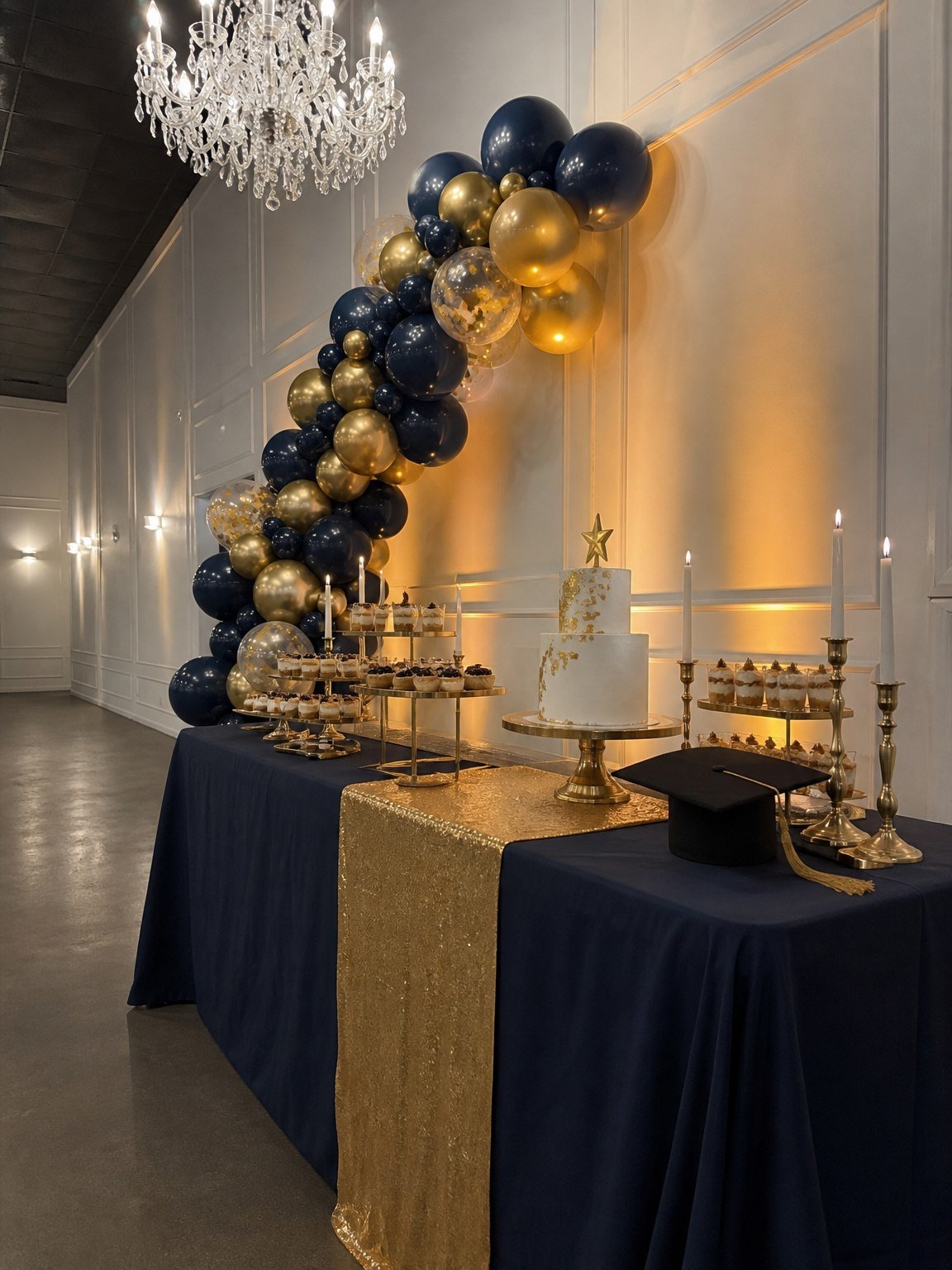 A navy and gold graduation dessert table with a tiered cake at The Hendrix