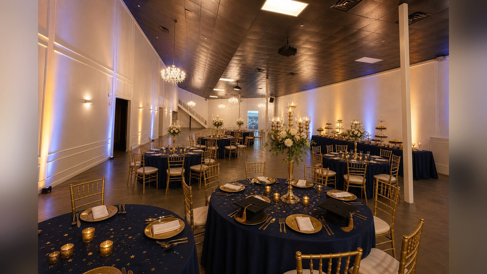 The Mansion at The Hendrix set for a graduation dinner in navy and gold, Stafford, Houston