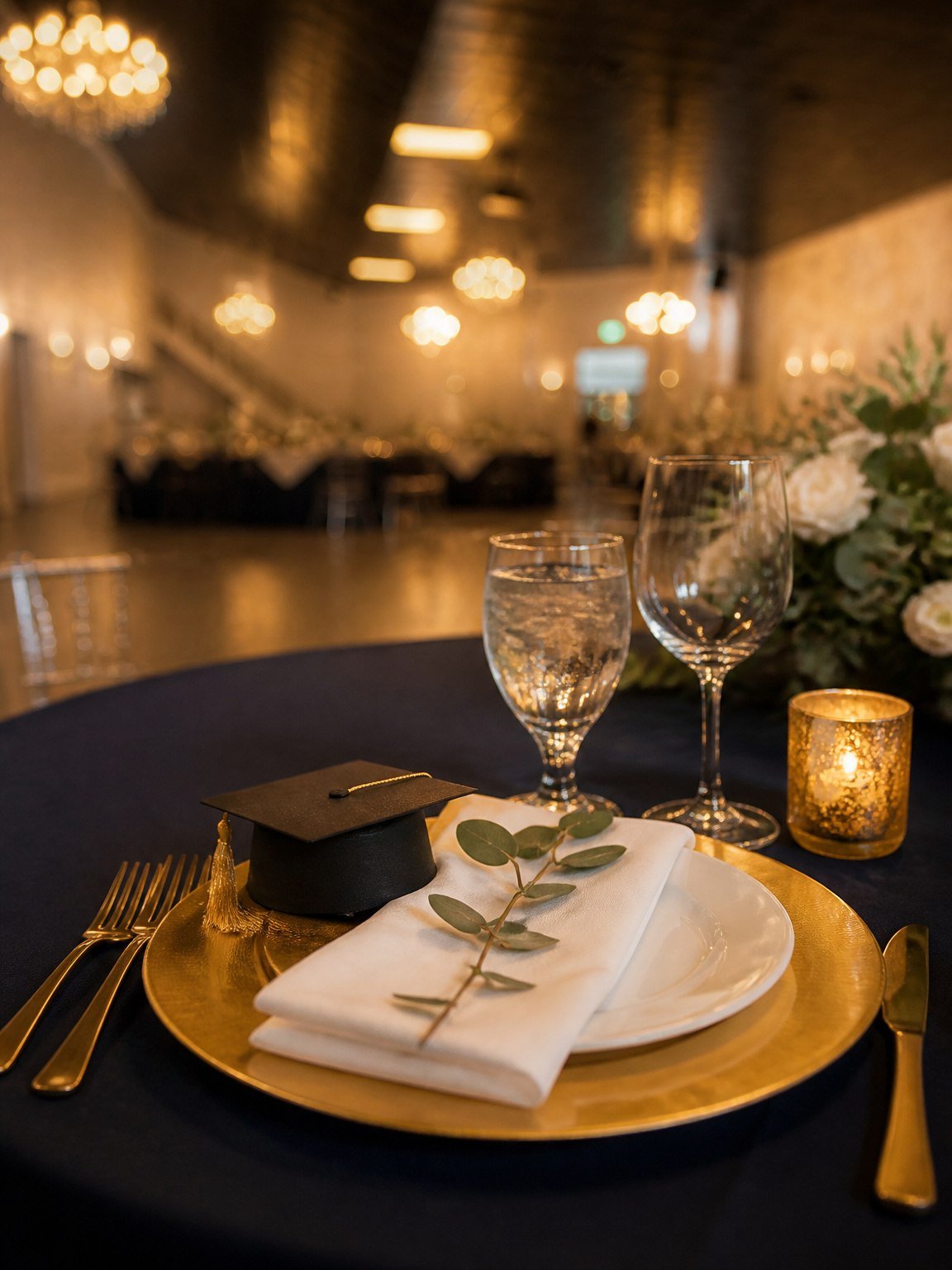 A navy and gold place setting at a graduation dinner at The Hendrix