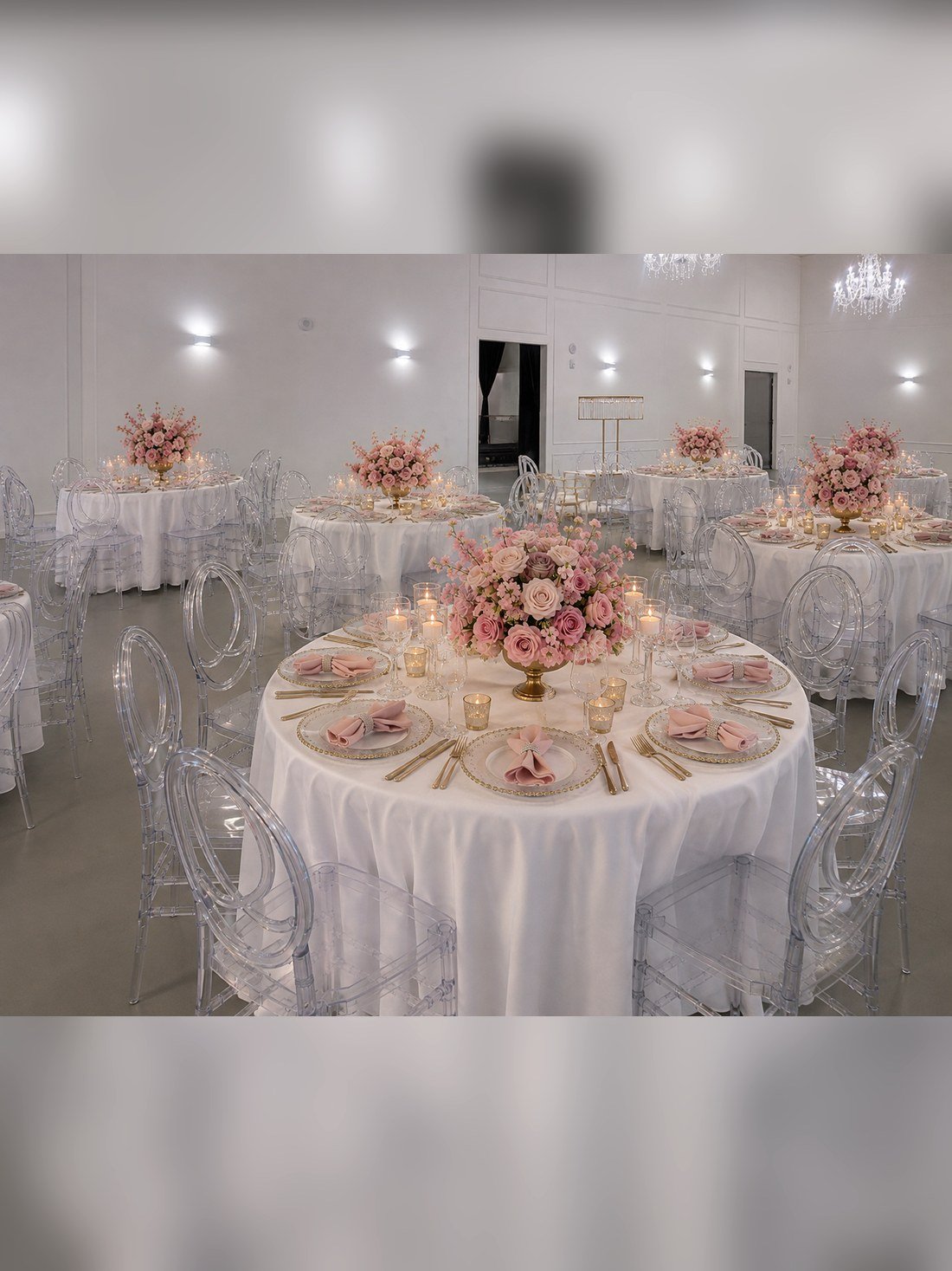 A blush and gold tablescape with clear ghost chairs in The Mansion at The Hendrix