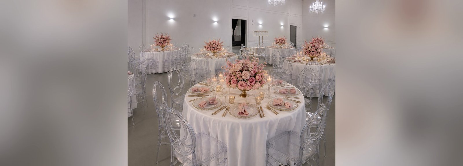 A blush and gold tablescape with clear ghost chairs in The Mansion at The Hendrix
