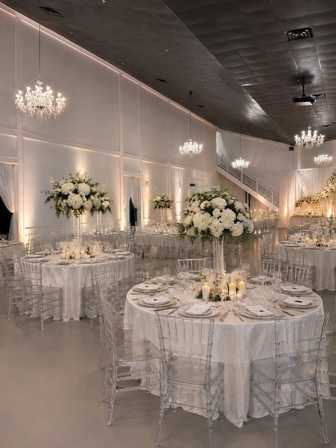 The Mansion at The Hendrix set in white and silver with tall florals under lit chandeliers
