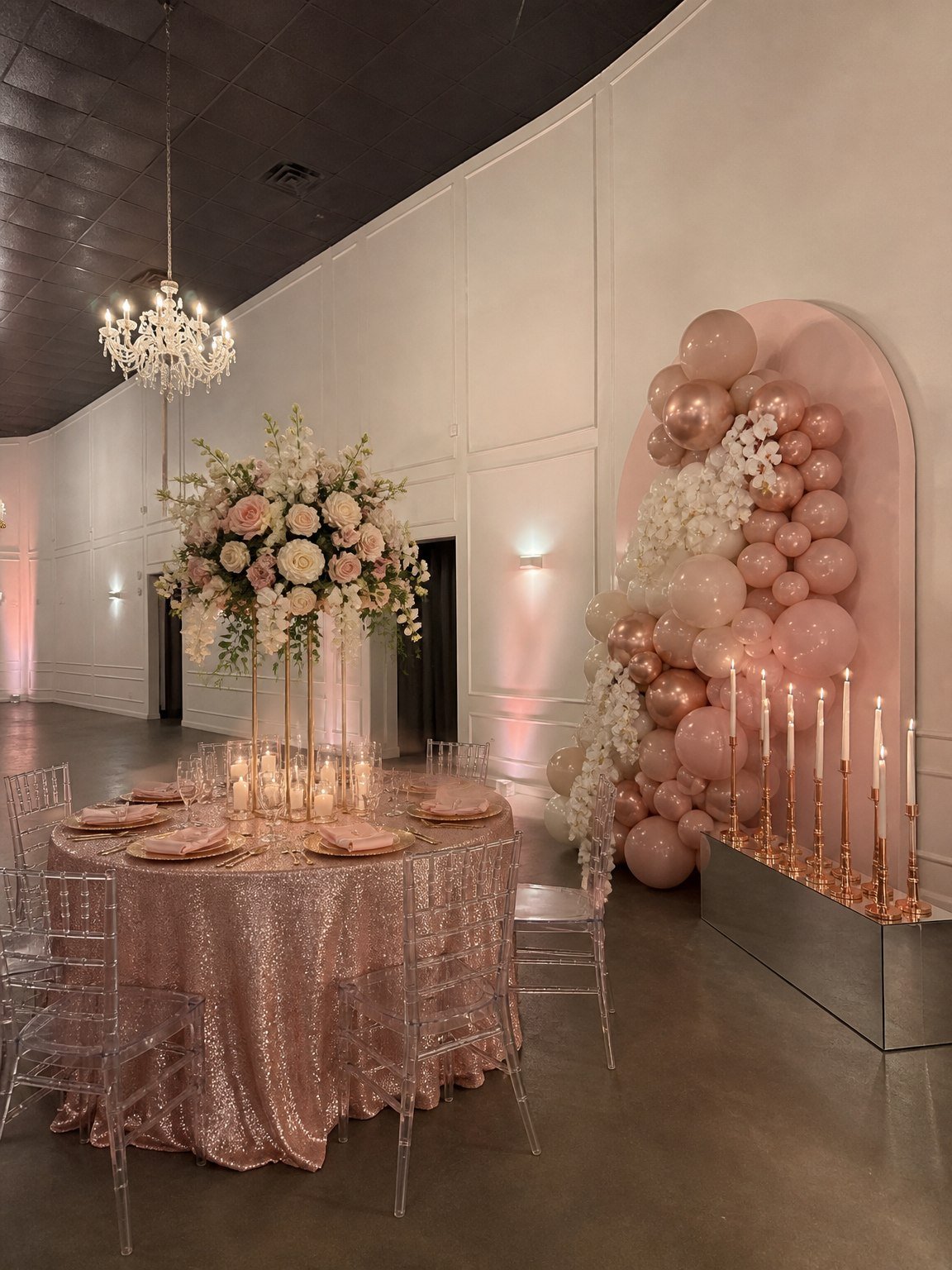 A Bat Mitzvah table in blush and rose gold with a candle-lighting display at The Hendrix