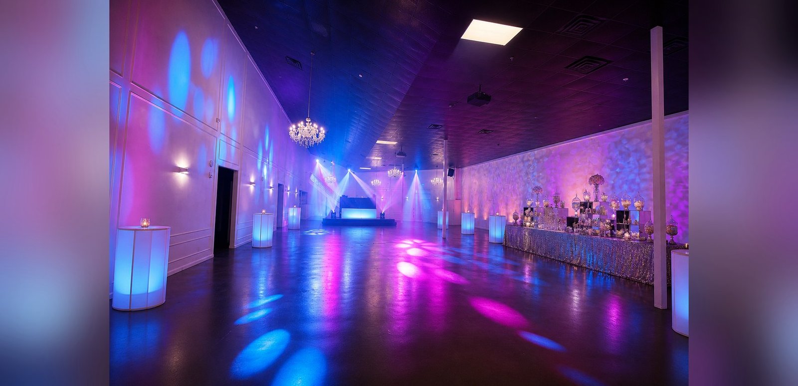 The open dance floor at The Hendrix lit in blue and magenta for a Mitzvah party