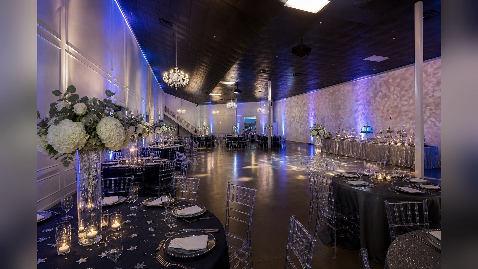 The Mansion at The Hendrix set for a Bar Mitzvah in navy and silver, Stafford, Houston