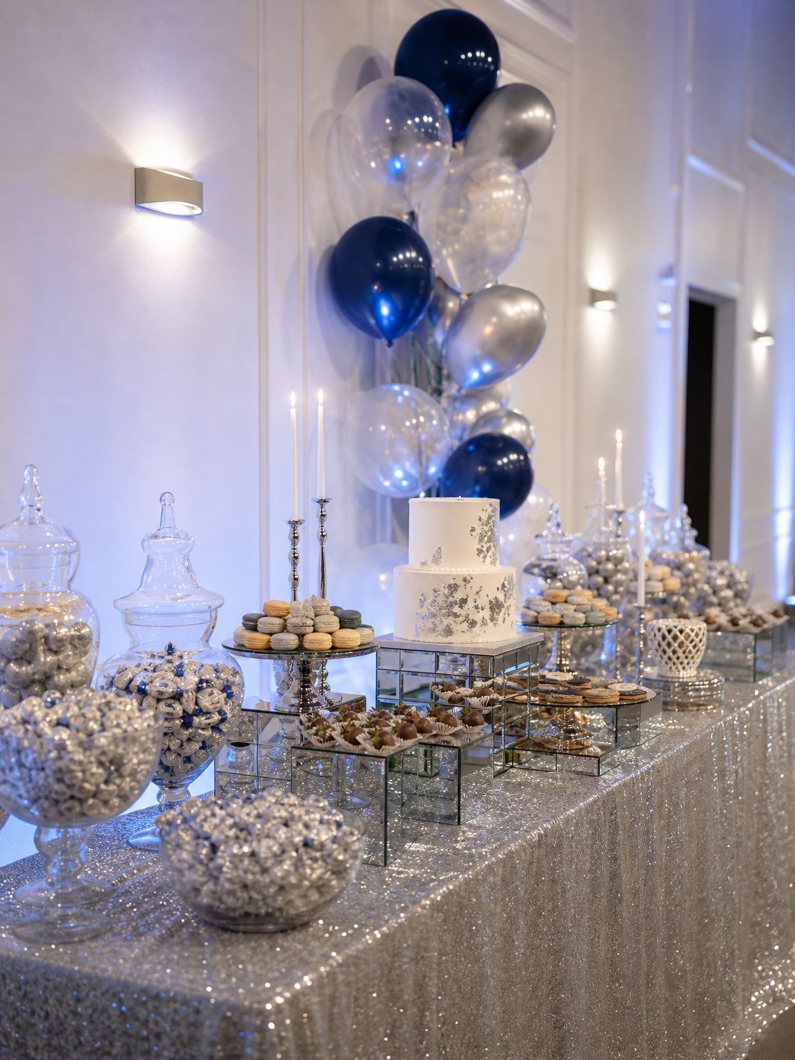 A silver and navy sweets station with a tiered cake at a Mitzvah celebration at The Hendrix