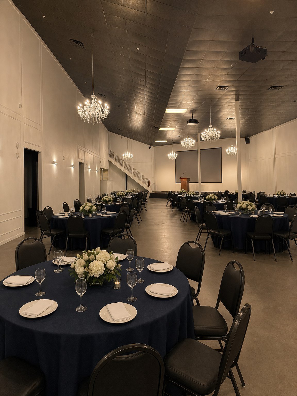 The Mansion at The Hendrix set for a fundraising dinner with a lectern and navy linens