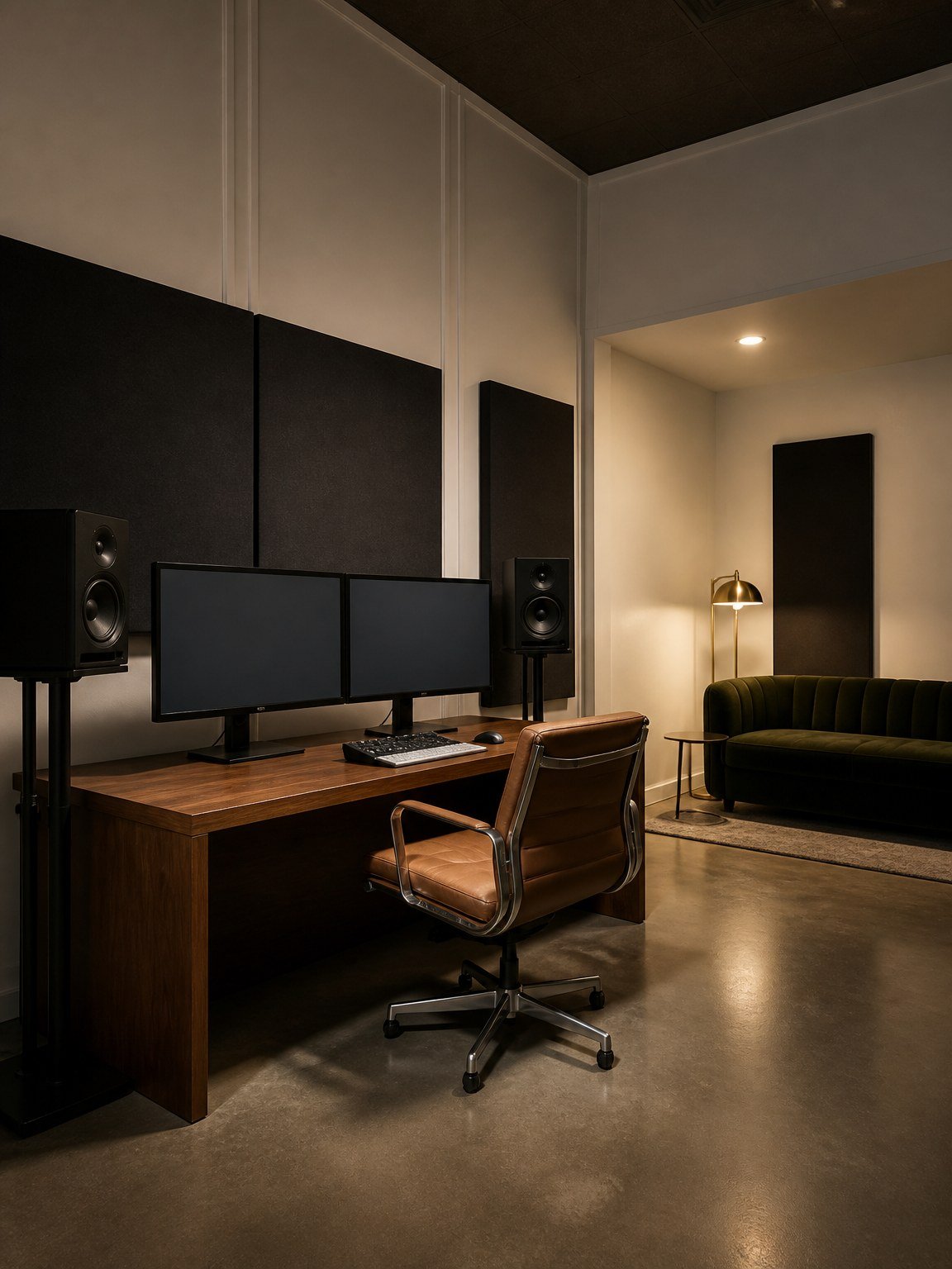 Editing desk, studio monitors and green room at The Hendrix studio