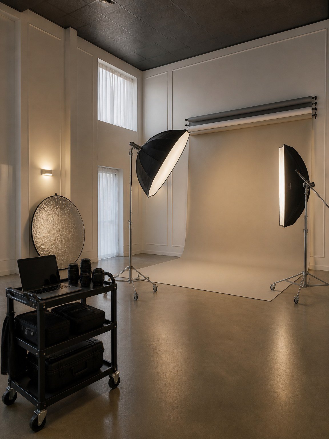 Studio lighting, seamless paper rolls and an equipment cart at The Hendrix