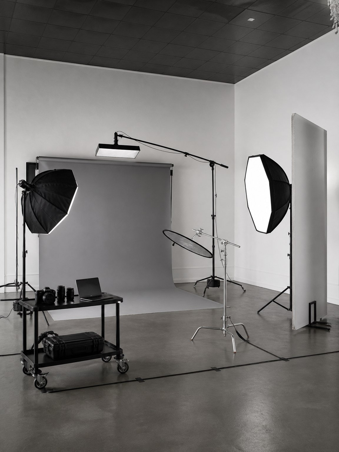 The photography studio at The Hendrix with a seamless backdrop and softbox lighting
